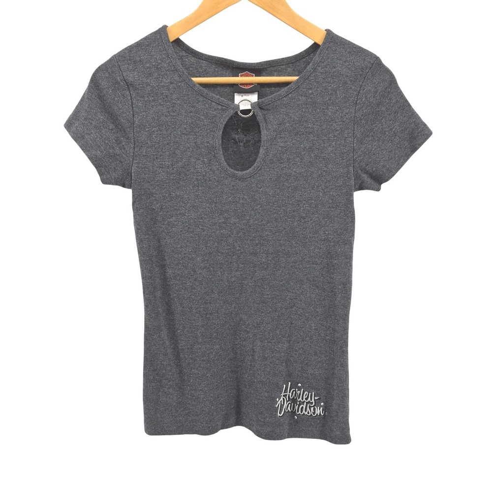 Harley Davidson Womens Charcoal‎ Grey Keyhole Neck T Shirt Sz M Y2K Motorcycle